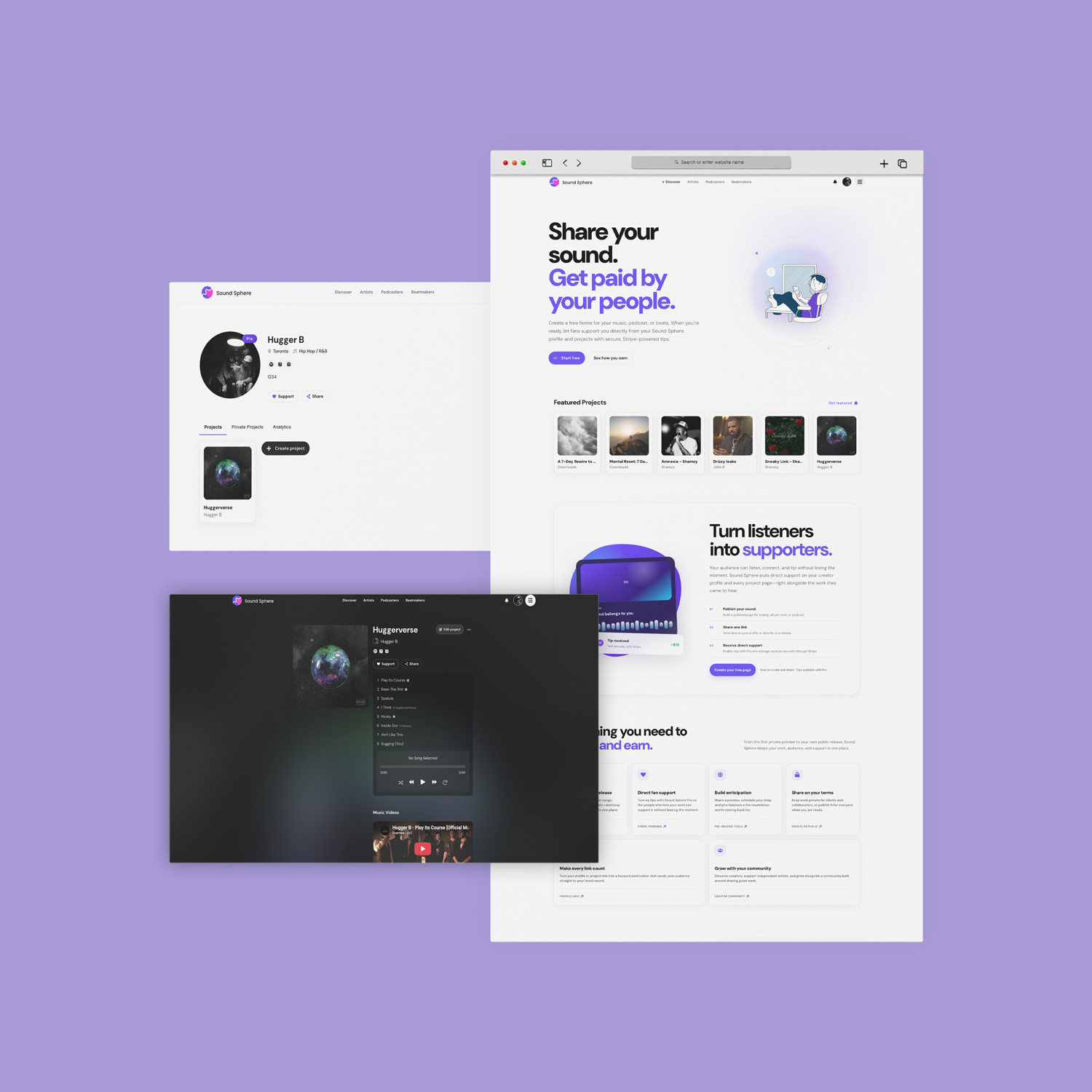 Sound Sphere branding, creator profile, music player, and website on a magenta background.
